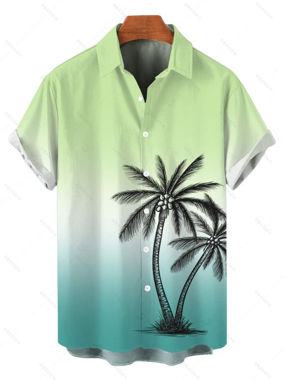 Vacation Couple Outfit Ombre Coconut Tree Print Ruched Bust Dress and Shirt Shorts Set - Vert clair S | US 4