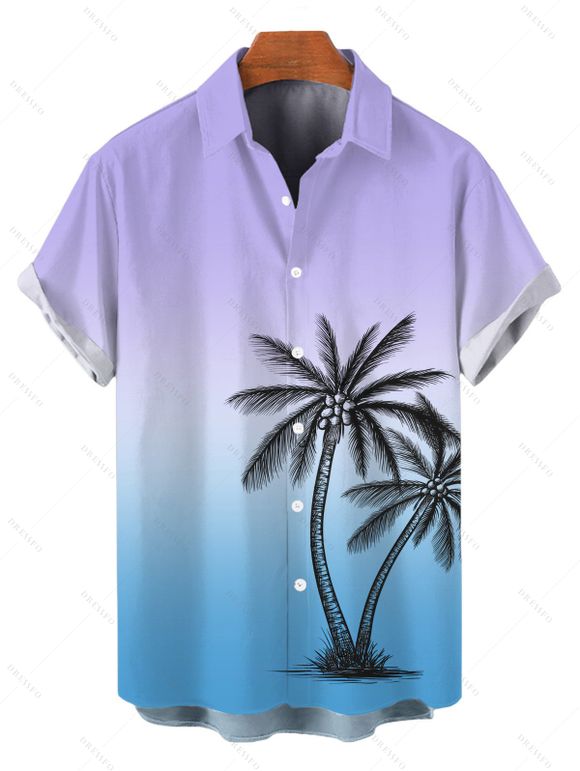 Vacation Couple Outfit Ombre Coconut Tree Print Ruched Bust Dress and Shirt Shorts Set - violet lilas S | US 4