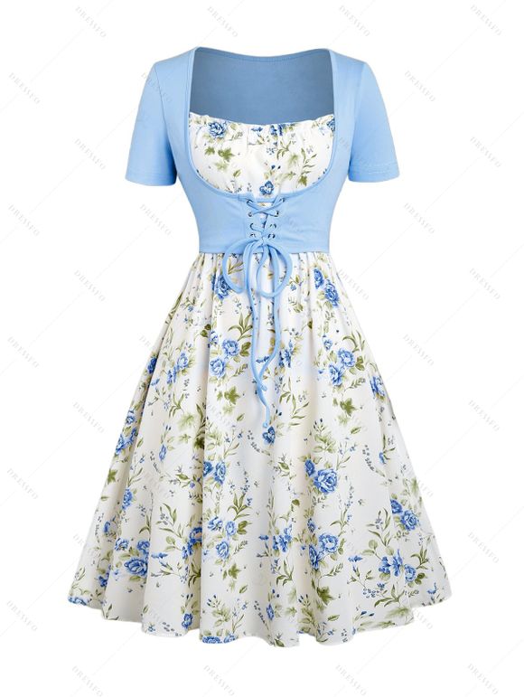 Floral Print Waisted Sleeveless Cami Dress And Solid Lace Up Short Sleeve Crop Top Set - Bleu clair XXL | US 14