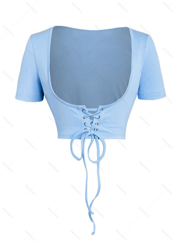 Floral Print Waisted Sleeveless Cami Dress And Solid Lace Up Short Sleeve Crop Top Set - Bleu clair XXL | US 14