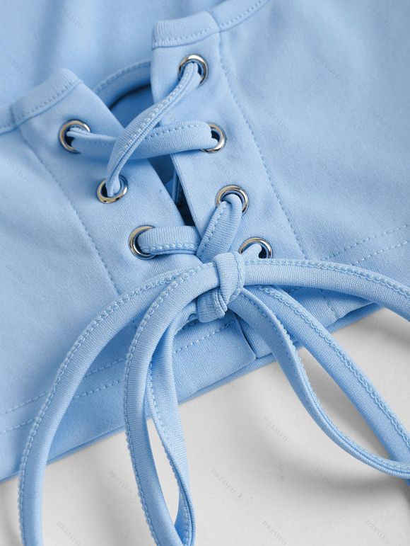 Floral Print Waisted Sleeveless Cami Dress And Solid Lace Up Short Sleeve Crop Top Set - Bleu clair XXL | US 14