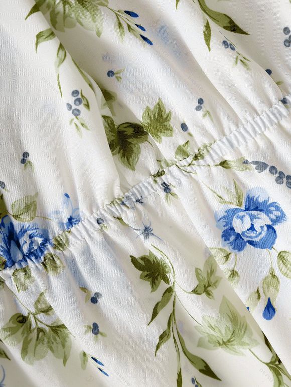 Floral Print Waisted Sleeveless Cami Dress And Solid Lace Up Short Sleeve Crop Top Set - Bleu clair XXL | US 14