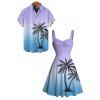 Vacation Couple Outfit for Beach Ombre Coconut Tree Print Mini Dress and Shirt Matching Set - violet lilas S | US 4