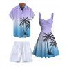Vacation Couple Outfit Ombre Coconut Tree Print Ruched Bust Dress and Shirt Shorts Set - violet lilas S | US 4