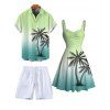 Vacation Couple Outfit Ombre Coconut Tree Print Ruched Bust Dress and Shirt Shorts Set - Vert clair S | US 4