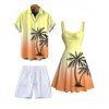 Vacation Couple Outfit Ombre Coconut Tree Print Ruched Bust Dress and Shirt Shorts Set - Orange vif S | US 4