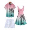 Vacation Couple Outfit Ombre Coconut Tree Print Ruched Bust Dress and Shirt Shorts Set - Rose S | US 4