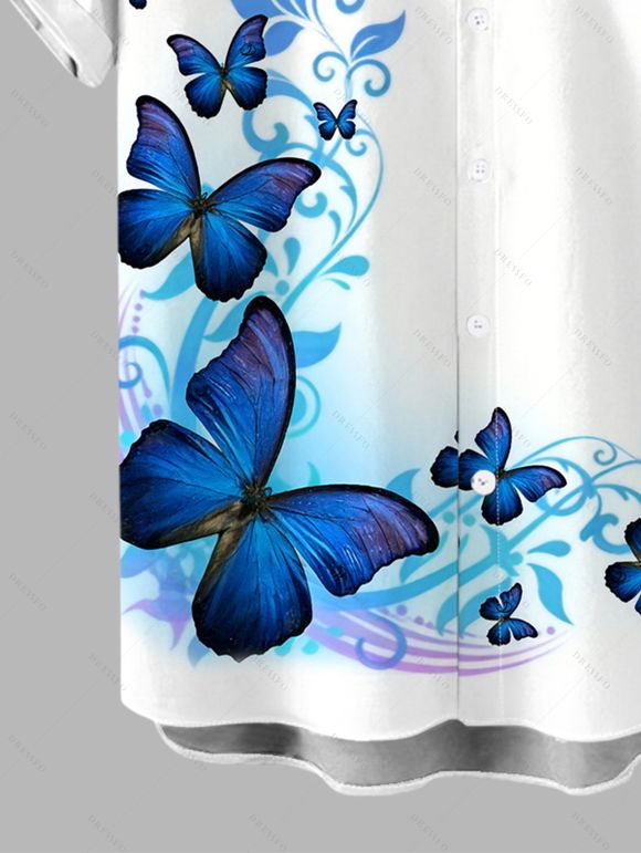 Men's Vacation Shirt Watercolor Butterfly Scroll Print Button Up Shirt - Blanc 5XL