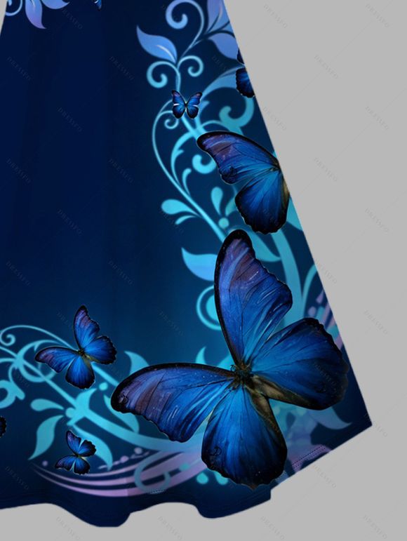 Vacation Dress Watercolor Butterfly Scroll Print Spaghetti Strap Mini Dress - Bleu Marine XXXXXL | US 20