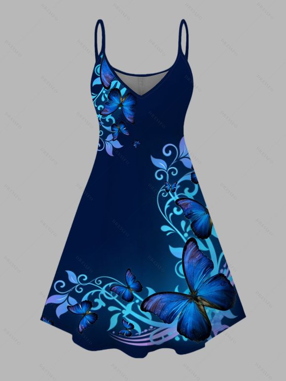 Vacation Couple Outfit Watercolor Butterfly Scroll Print Spaghetti Strap Dress and Shirt Set - Bleu Marine S | US 4