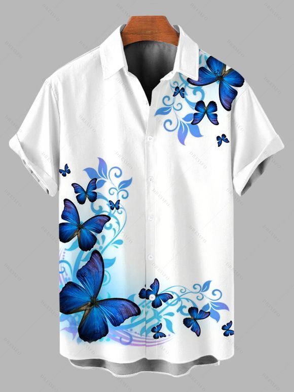Vacation Couple Outfit Watercolor Butterfly Scroll Print Spaghetti Strap Dress and Shirt Set - Bleu Marine S | US 4