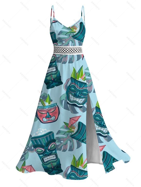 Vacation Couple Outfit Tiki Totem Hawaiian Pattern Lace Hollow Out Slit Dress and Shirt Set - Turquoise S | US 4