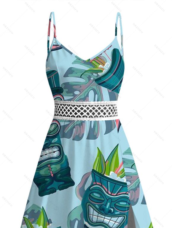 Vacation Couple Outfit Tiki Totem Hawaiian Pattern Lace Hollow Out Slit Dress and Shirt Set - Turquoise S | US 4