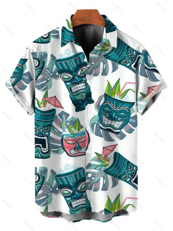 Vacation Couple Outfit Tiki Totem Hawaiian Pattern Lace Hollow Out Slit Dress and Shirt Set - Turquoise S | US 4