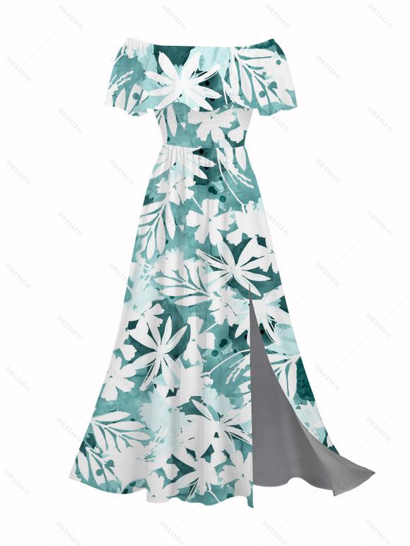 Vacation Couple Outfit Tie-Dye Tropical Leaf Print Flounce Slit Dress and Shirt Set - Turquoise S | US 4