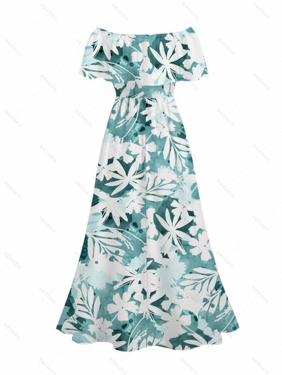 Vacation Couple Outfit Tie-Dye Tropical Leaf Print Flounce Slit Dress and Shirt Set - Turquoise S | US 4