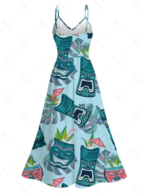 Vacation Dress Tiki Totem Hawaiian Pattern Lace Hollow Out Slit Dress - Turquoise XXXXXL | US 20