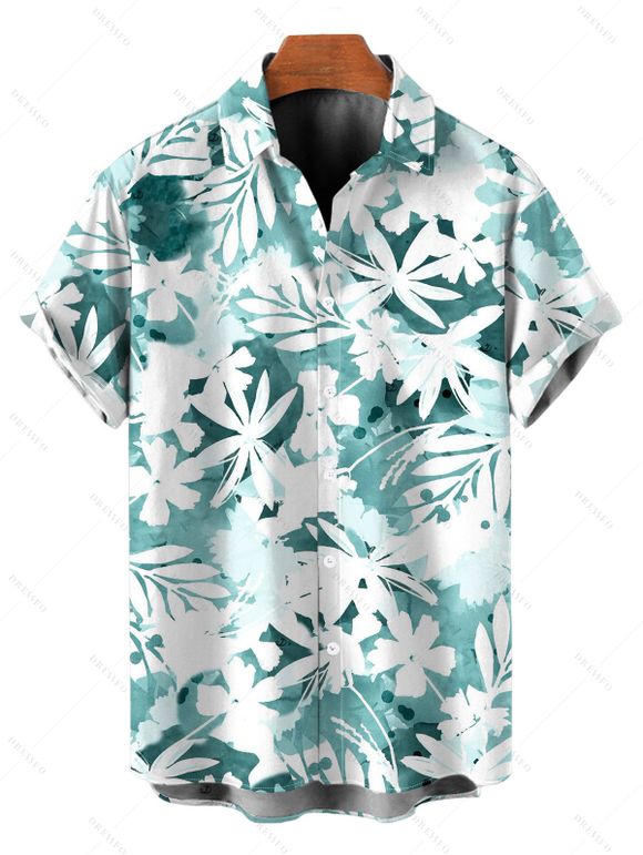Vacation Couple Outfit Tie-Dye Tropical Leaf Print Flounce Slit Dress and Shirt Set - Turquoise S | US 4