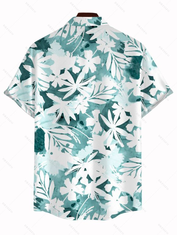 Vacation Couple Outfit Tie-Dye Tropical Leaf Print Flounce Slit Dress and Shirt Set - Turquoise S | US 4