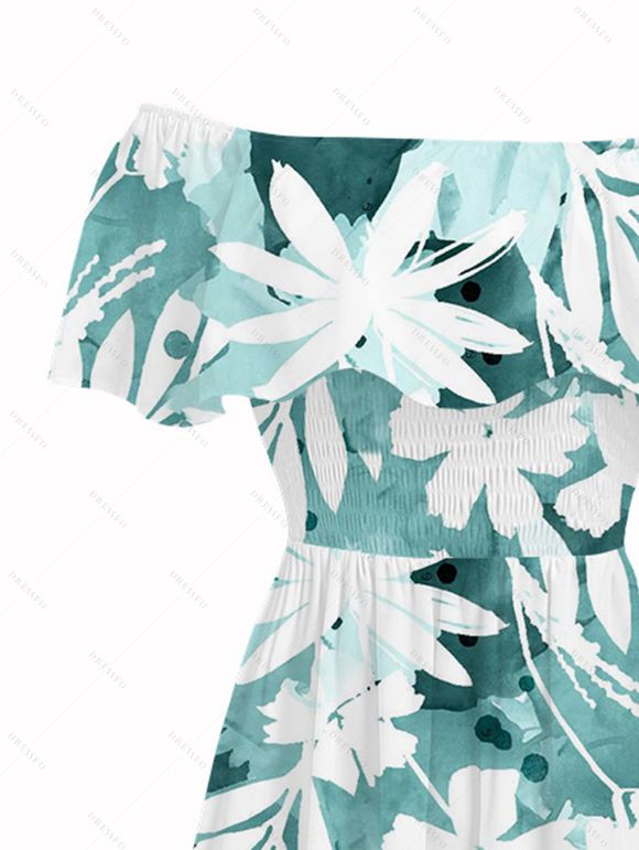 Hawaiian Dress Tie-Dye Tropical Leaf Print Flounce Off the Shoulder Slit Dress - Turquoise XXL | US 14