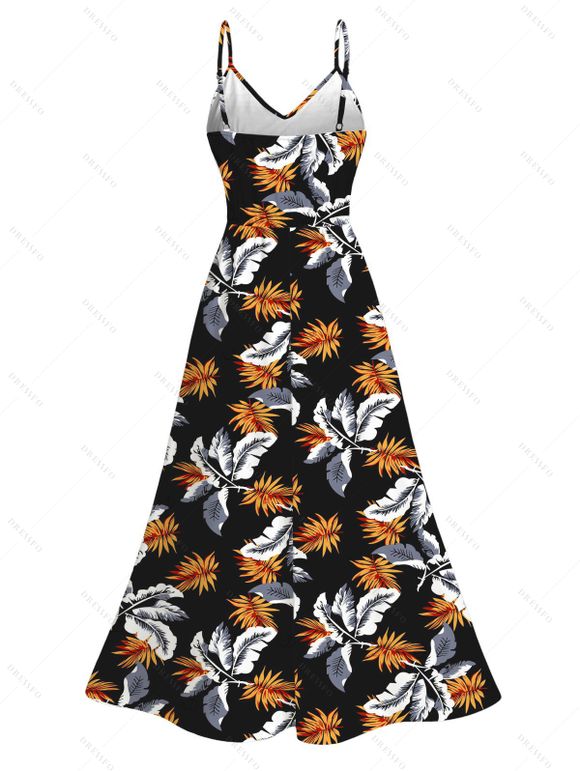 Vacation Dress Hawaiian Leaf Botanical Print Lace Hollow Out Slit Dress - Noir XXXXXL | US 20
