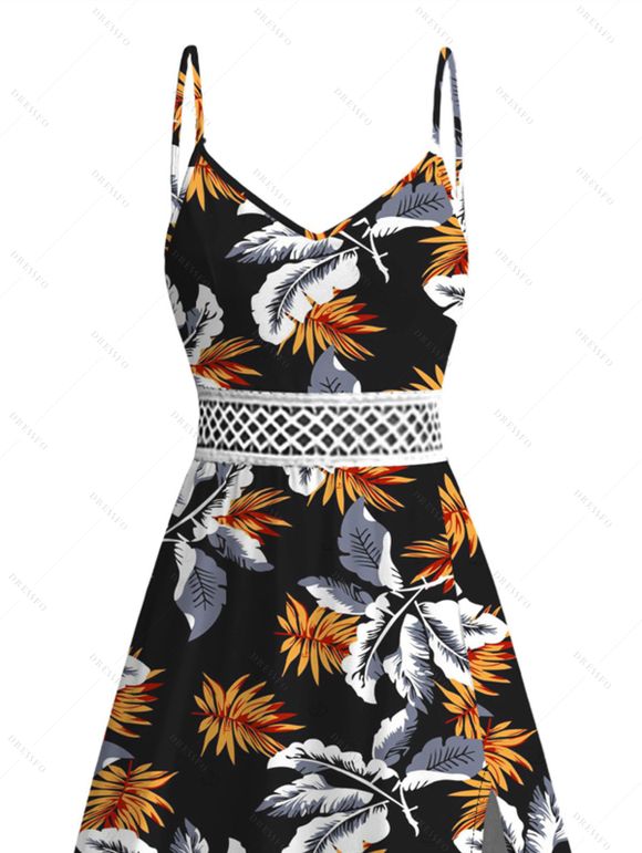 Vacation Dress Hawaiian Leaf Botanical Print Lace Hollow Out Slit Dress - Noir XXXXXL | US 20