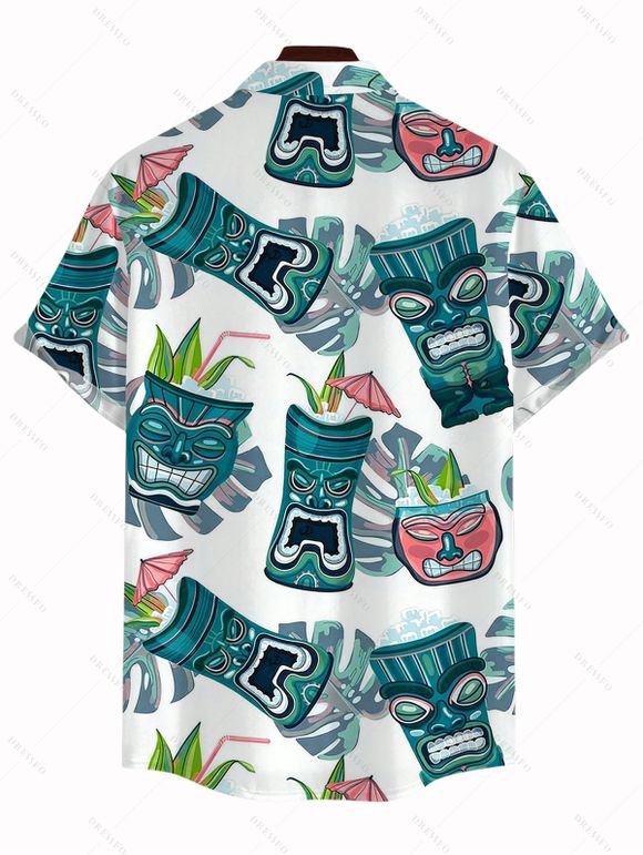 Men's Vacation Shirt Tiki Totem Hawaiian Pattern Button Up Shirt - Blanc M