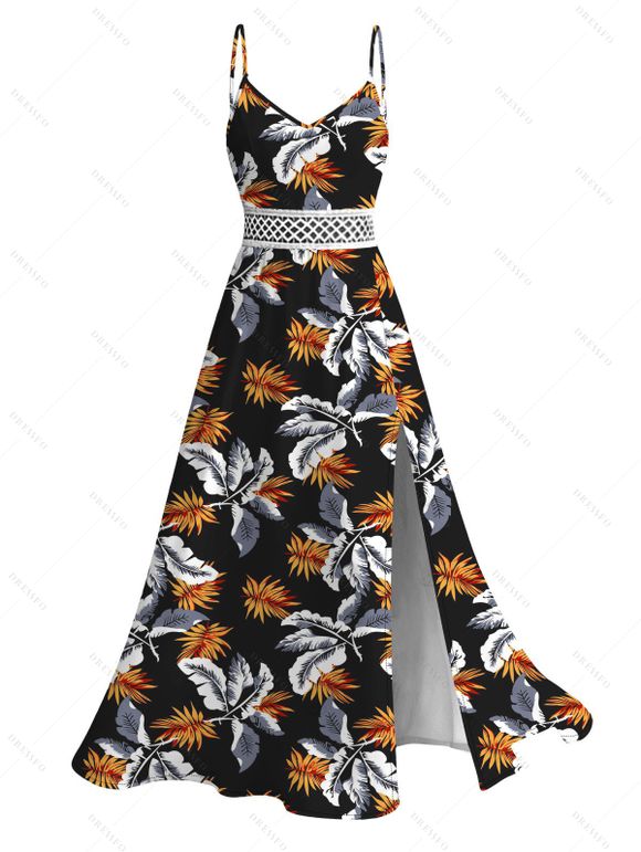 Vacation Couple Outfit Hawaiian Leaf Botanical Print Lace Hollow Out Slit Dress and Shirt Set - Noir S | US 4