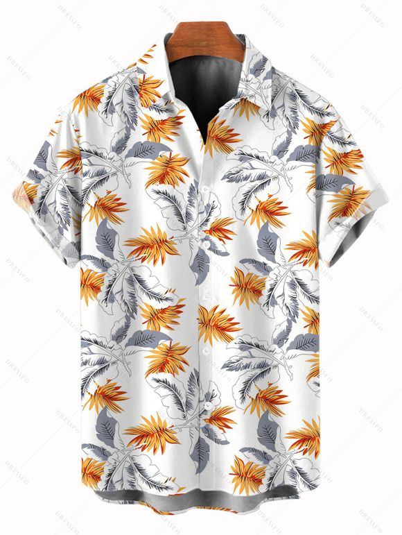 Vacation Couple Outfit Hawaiian Leaf Botanical Print Lace Hollow Out Slit Dress and Shirt Set - Noir S | US 4