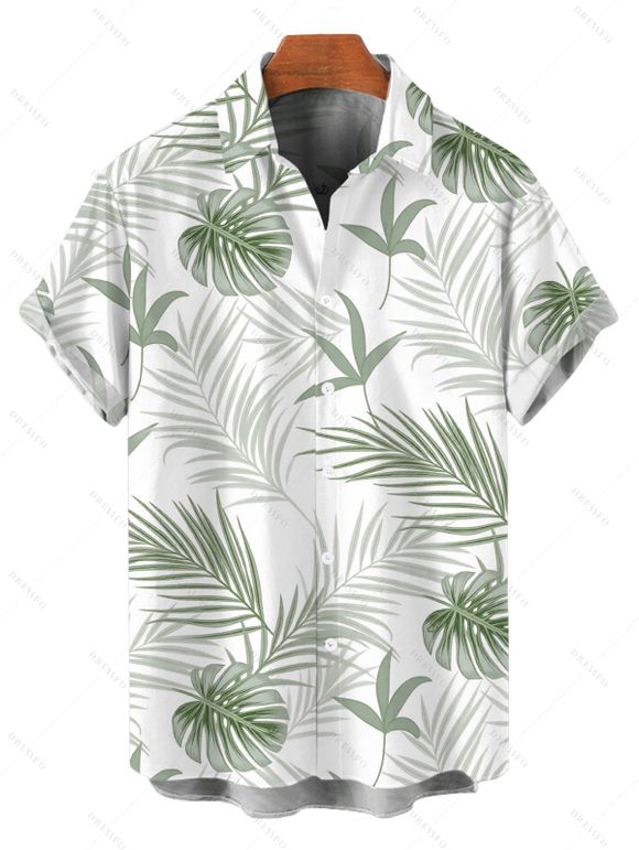 Casual Couple Outfit Solid Color Tied Square Neck Puff Sleeve Dress and Leaf Print Shirt Set - Vert S | US 4