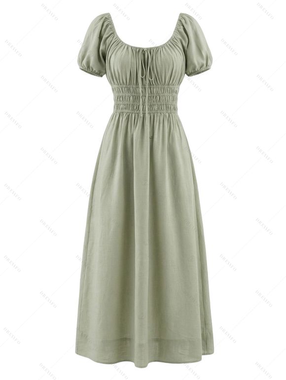 Casual Couple Outfit Solid Color Tied Square Neck Puff Sleeve Dress and Leaf Print Shirt Set - Vert S | US 4