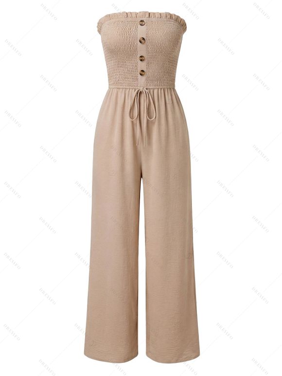 Casual Couple Outfit Solid Color Ruffle Off the Shoulder Wide Leg Jumpsuit and Leaf Print Shirt Set - café lumière S | US 4