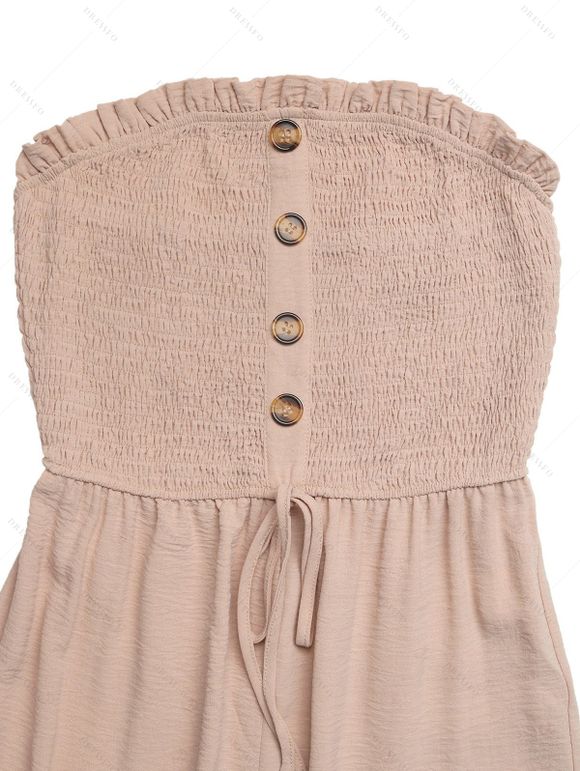 Casual Couple Outfit Solid Color Ruffle Off the Shoulder Wide Leg Jumpsuit and Leaf Print Shirt Set - café lumière S | US 4