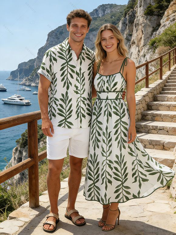 Hawaiian Couple Outfit Tropical Pinnate Leaf Leaf Print Pocket Tied Shoulder Dress and Shirt Set - Vert S | US 4