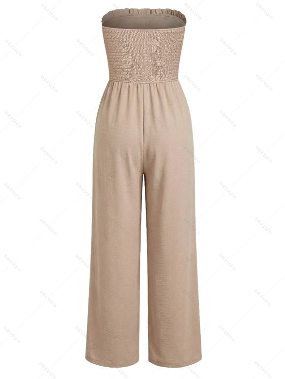 Solid Color Jumpsuit Ruffle Off the Shoulder Tied Mock Button Wide Leg Jumpsuit - café lumière XL | US 12
