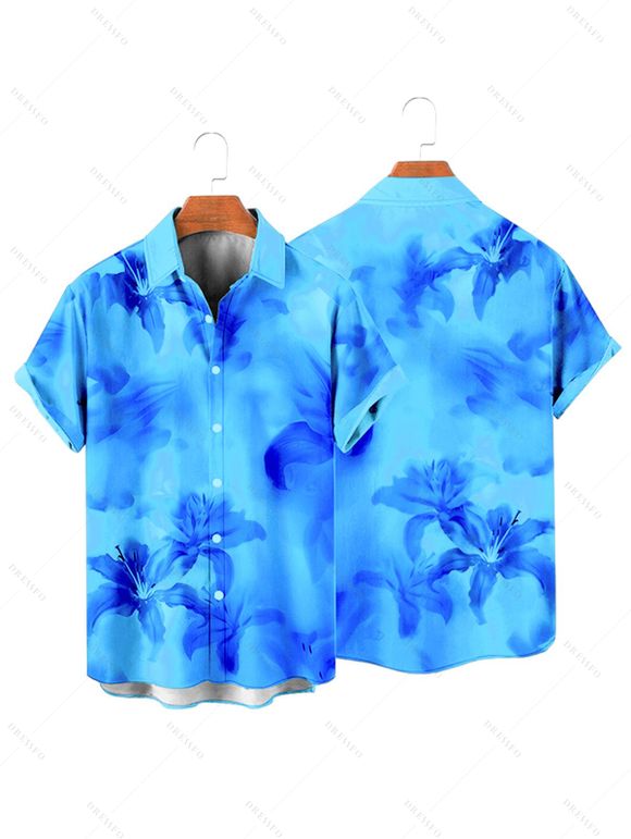 Men's Ombre Hibiscus Floral Print Vacation Shirt Roll Up Short Sleeve Button Up Casual Shirt - Bleu 2XL
