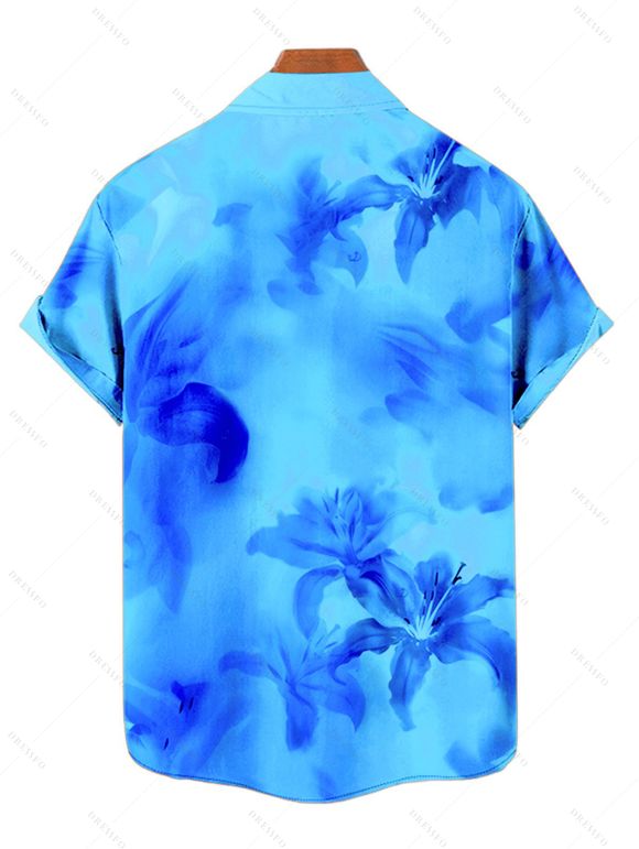Men's Ombre Hibiscus Floral Print Vacation Shirt Roll Up Short Sleeve Button Up Casual Shirt - Bleu 2XL