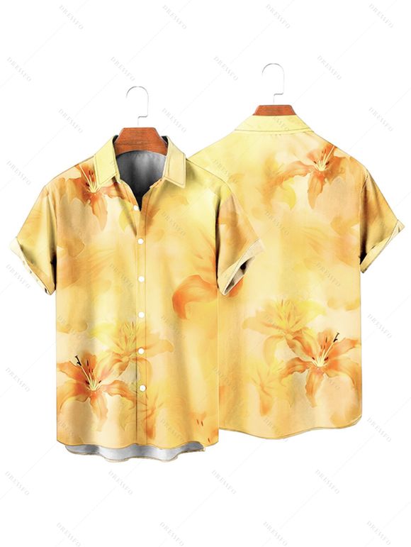 Men's Ombre Hibiscus Floral Print Vacation Shirt Roll Up Short Sleeve Button Up Casual Shirt - Jaune 5XL