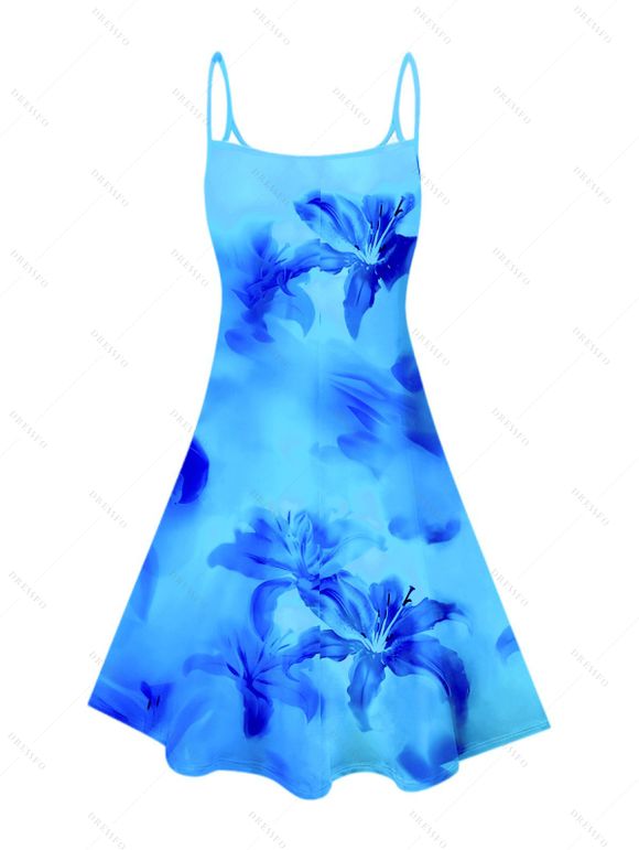 Ombre Hibiscus Floral Print Vacation Dress Spaghetti Strap V Neck A Line Mini Tank Dress - Bleu XL | US 12