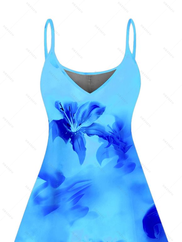 Ombre Hibiscus Floral Print Vacation Dress Spaghetti Strap V Neck A Line Mini Tank Dress - Bleu XL | US 12