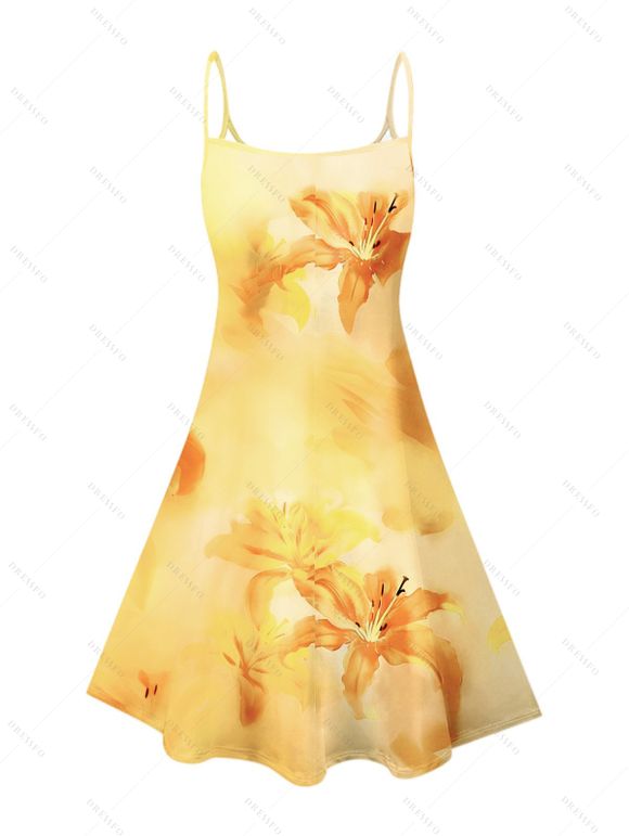 Ombre Hibiscus Floral Print Vacation Dress Spaghetti Strap V Neck A Line Mini Tank Dress - Jaune XXXXXL | US 20