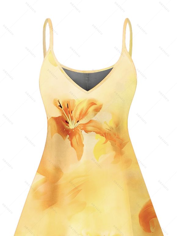 Ombre Hibiscus Floral Print Vacation Dress Spaghetti Strap V Neck A Line Mini Tank Dress - Jaune XXXXXL | US 20