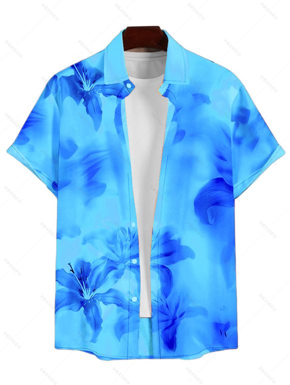 Vacation Couple Outfit Ombre Hibiscus Floral Print Spaghetti Strap V Neck A Line Mini Tank Dress and Roll Up Sleeve Shirt Matching Outfit - Bleu S | US 4