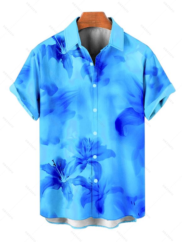 Vacation Couple Outfit Ombre Hibiscus Floral Print Spaghetti Strap V Neck A Line Mini Tank Dress and Roll Up Sleeve Shirt Matching Outfit - Bleu S | US 4