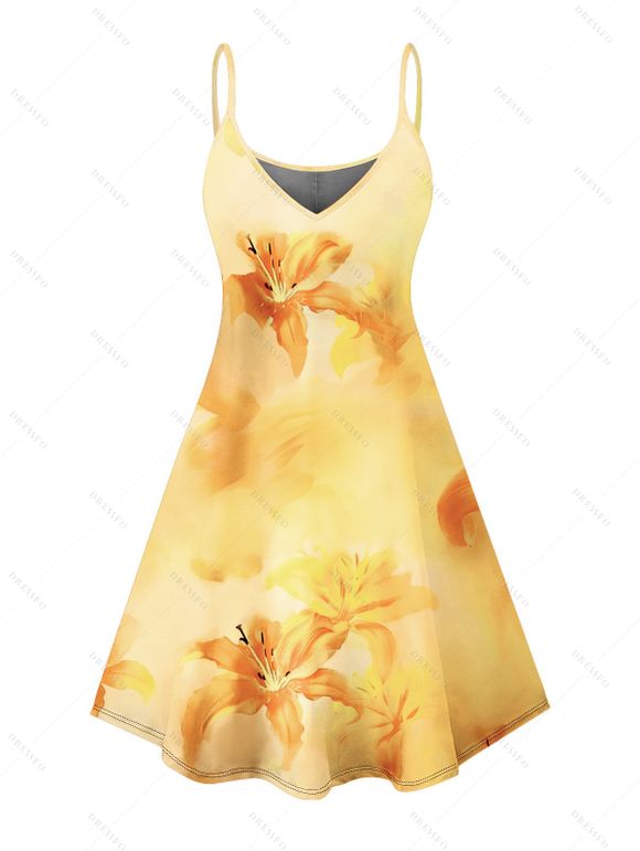 Vacation Couple Outfit Ombre Hibiscus Floral Print Spaghetti Strap V Neck A Line Mini Tank Dress and Roll Up Sleeve Shirt Matching Outfit - Jaune S | US 4