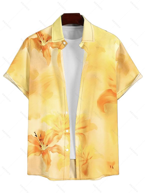 Vacation Couple Outfit Ombre Hibiscus Floral Print Spaghetti Strap V Neck A Line Mini Tank Dress and Roll Up Sleeve Shirt Matching Outfit - Jaune S | US 4