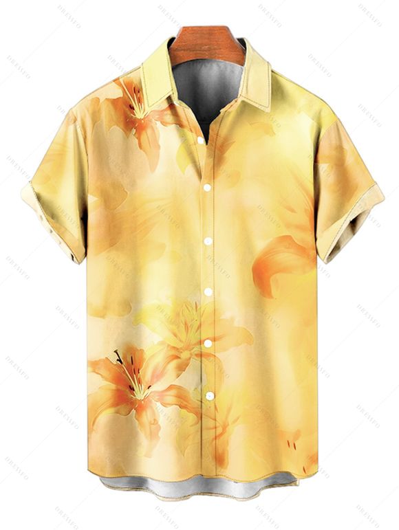 Vacation Couple Outfit Ombre Hibiscus Floral Print Spaghetti Strap V Neck A Line Mini Tank Dress and Roll Up Sleeve Shirt Matching Outfit - Jaune S | US 4