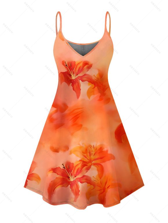 Vacation Couple Outfit Ombre Hibiscus Floral Print Spaghetti Strap V Neck A Line Mini Tank Dress and Roll Up Sleeve Shirt Matching Outfit - Orange S | US 4