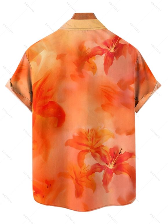 Vacation Couple Outfit Ombre Hibiscus Floral Print Spaghetti Strap V Neck A Line Mini Tank Dress and Roll Up Sleeve Shirt Matching Outfit - Orange S | US 4