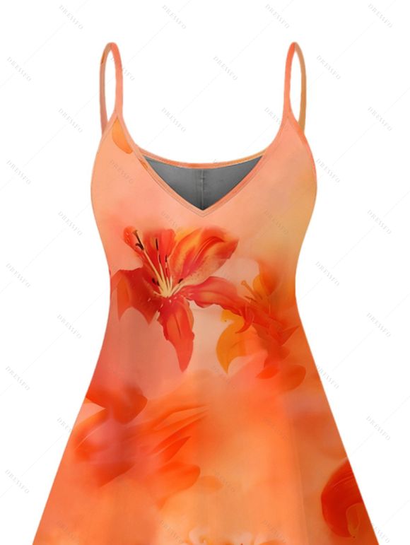 Vacation Couple Outfit Ombre Hibiscus Floral Print Spaghetti Strap V Neck A Line Mini Tank Dress and Roll Up Sleeve Shirt Matching Outfit - Orange S | US 4